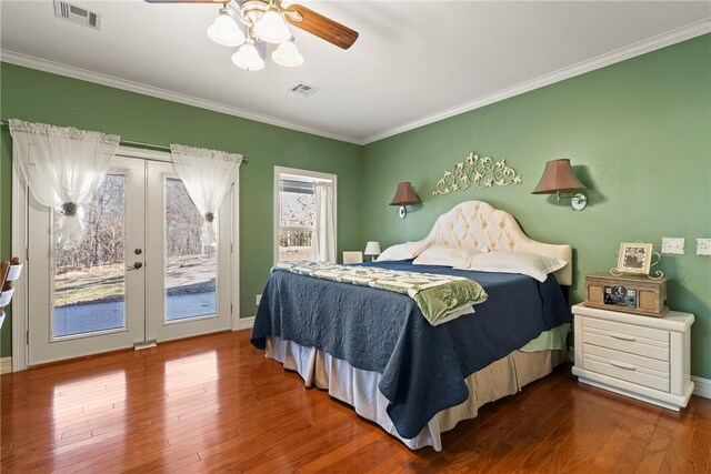 bedroom with ornamental molding, hardwood / wood-style floors, access to exterior, and ceiling fan