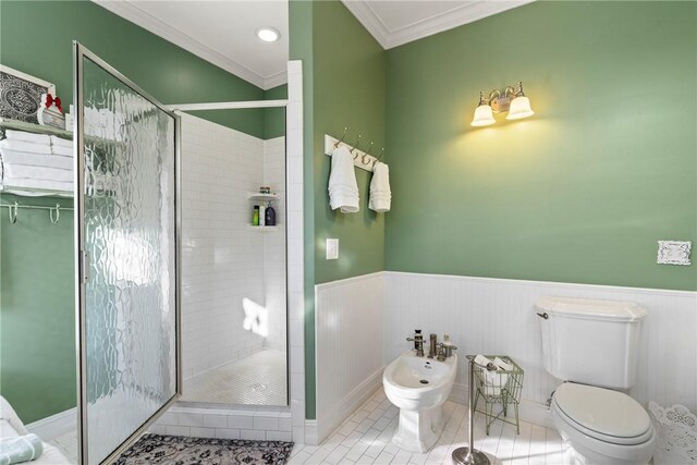 bathroom with a shower with shower door, ornamental molding, toilet, a bidet, and tile patterned floors