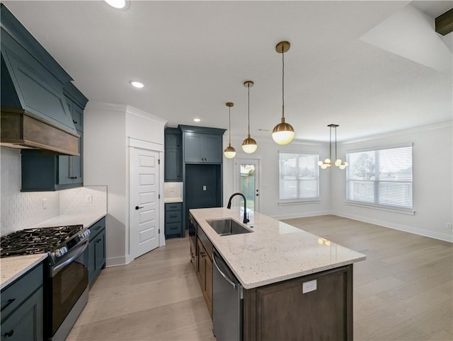 kitchen with sink, appliances with stainless steel finishes, pendant lighting, a kitchen island with sink, and decorative backsplash