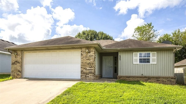 ranch-style house with a garage and a front yard