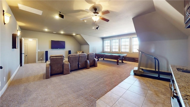 recreation room with ceiling fan, light colored carpet, and billiards