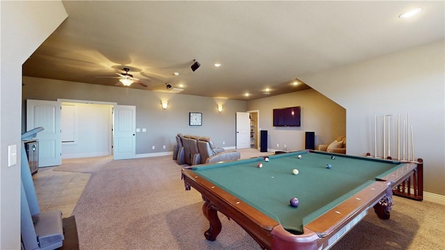 rec room featuring carpet flooring, pool table, and ceiling fan