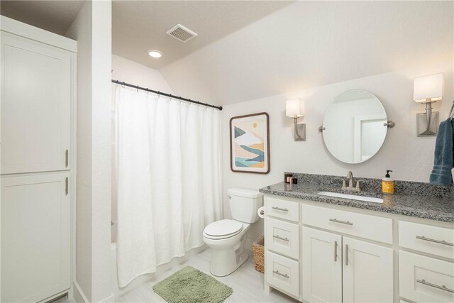 bathroom with vanity, vaulted ceiling, and toilet