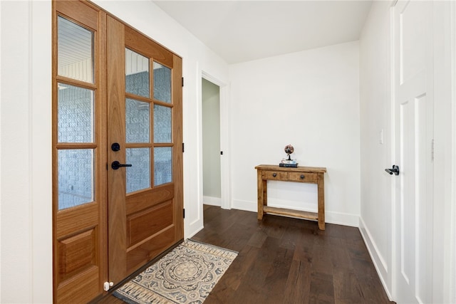 doorway to outside with dark wood-type flooring and french doors