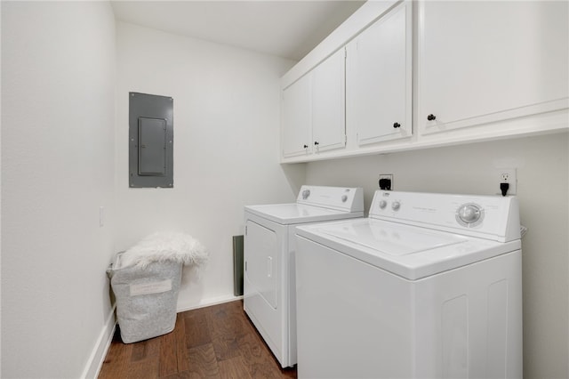 laundry area featuring cabinets, separate washer and dryer, electric panel, and dark hardwood / wood-style flooring