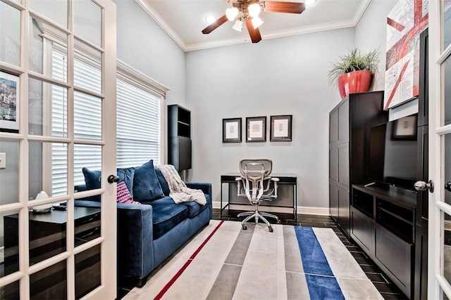 office space with crown molding, french doors, and ceiling fan