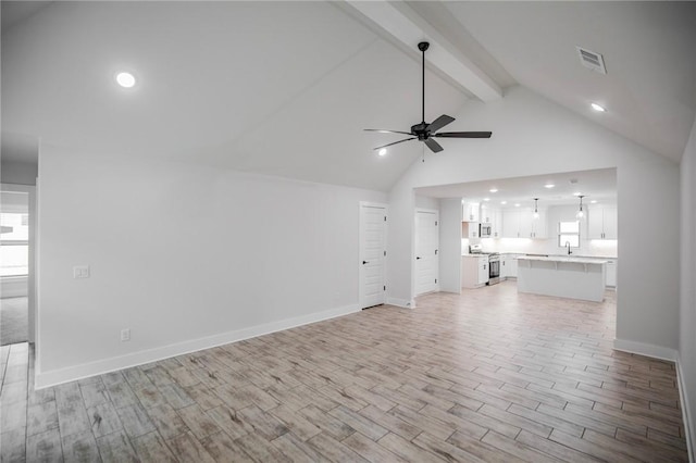 unfurnished living room with ceiling fan, light hardwood / wood-style flooring, high vaulted ceiling, and beamed ceiling