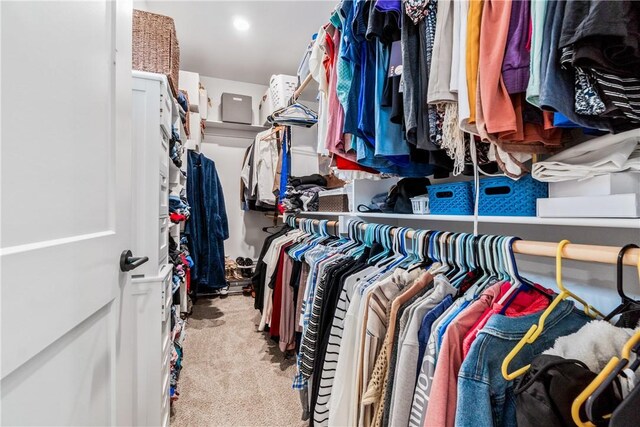 walk in closet featuring light carpet