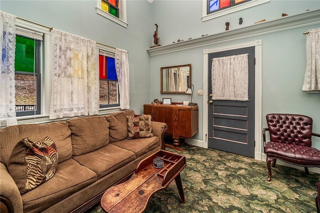 living room featuring dark carpet