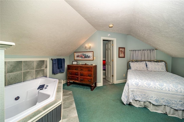 bedroom with carpet flooring, vaulted ceiling, and a textured ceiling