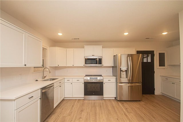 kitchen featuring sink, appliances with stainless steel finishes, white cabinets, decorative backsplash, and light wood-type flooring