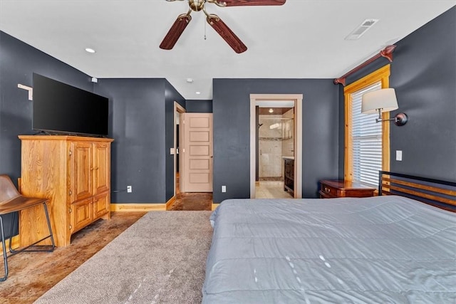 17575 Pear Blossom Dr, Gentry, AR 72734 - bedroom with baseboards, concrete flooring, ceiling fan, connected bathroom, and recessed lighting