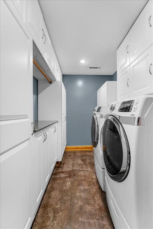 17575 Pear Blossom Dr, Gentry, AR 72734 - laundry room featuring independent washer and dryer, cabinet space, and recessed lighting