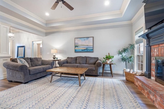 living room featuring a tray ceiling, a fireplace, and hardwood / wood-style flooring