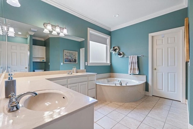 bathroom with crown molding, vanity, tile patterned flooring, and a bathtub