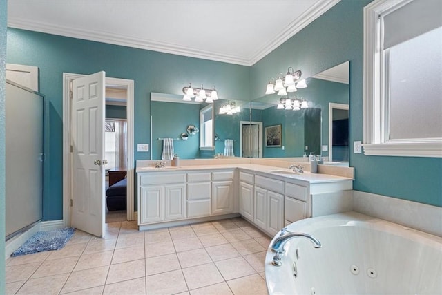 bathroom featuring tile patterned flooring, vanity, a tub, and ornamental molding