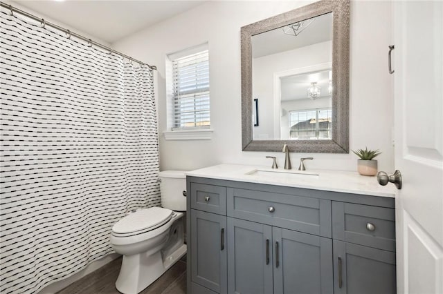 bathroom featuring vanity, hardwood / wood-style floors, toilet, and walk in shower