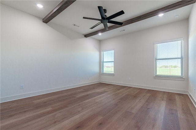 1200 Carrara St, Tontitown, AR 72762 - empty room with beamed ceiling, wood finished floors, ceiling fan, baseboards, and recessed lighting