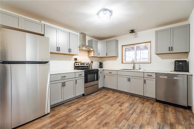 kitchen featuring a sink, wall chimney range hood, gray cabinets, and appliances with stainless steel finishes