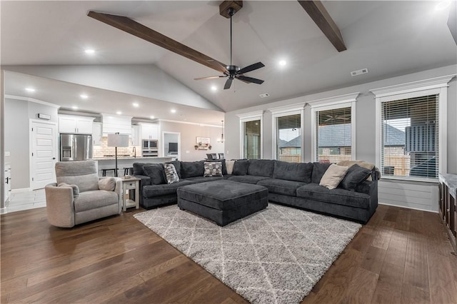 living room with visible vents, high vaulted ceiling, dark wood finished floors, recessed lighting, and beamed ceiling