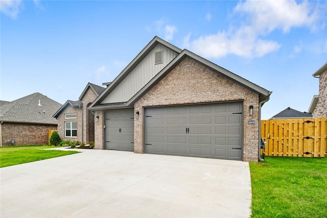 1808 Charles St, Pea Ridge, AR 72751 - view of front of house featuring board and batten siding, brick siding, concrete driveway, an attached garage, and a gate
