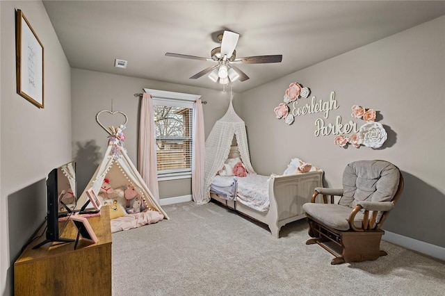 bedroom featuring ceiling fan and carpet floors