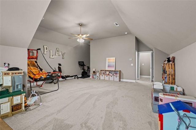 game room featuring vaulted ceiling, carpet, and ceiling fan