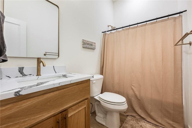 bathroom featuring vanity, walk in shower, and toilet