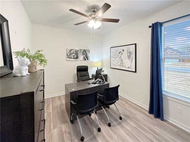 home office featuring light hardwood / wood-style flooring and ceiling fan