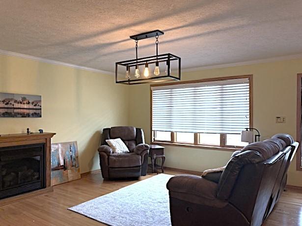 living room with crown molding, light hardwood / wood-style floors, and a textured ceiling