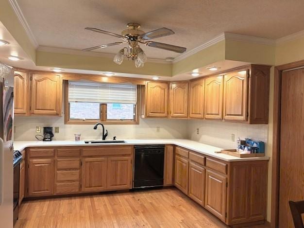 kitchen featuring sink, light hardwood / wood-style flooring, ornamental molding, dishwasher, and electric stove