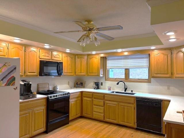 kitchen featuring sink, light hardwood / wood-style floors, ornamental molding, black appliances, and a raised ceiling