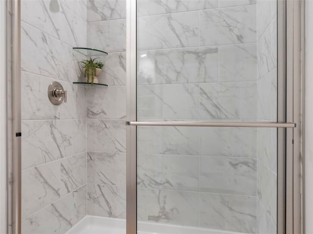 bathroom featuring a shower with shower door