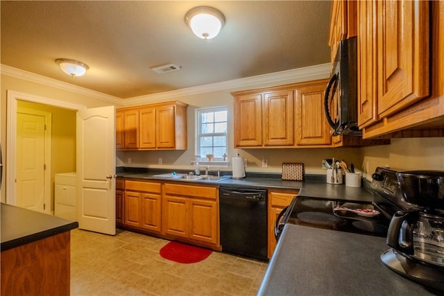 13 Smart Ln, Bella Vista, AR 72715 - kitchen with black appliances, dark countertops, ornamental molding, a sink, and brown cabinetry