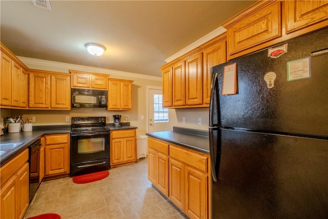 13 Smart Ln, Bella Vista, AR 72715 - kitchen featuring black appliances, crown molding, dark countertops, and brown cabinetry