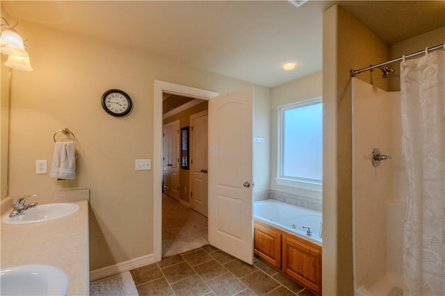 13 Smart Ln, Bella Vista, AR 72715 - bathroom with a shower with curtain, a garden tub, double vanity, and baseboards
