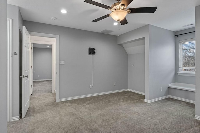 unfurnished bedroom with recessed lighting, carpet flooring, visible vents, and baseboards