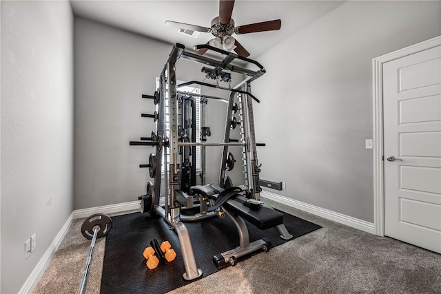 workout room with ceiling fan and carpet flooring