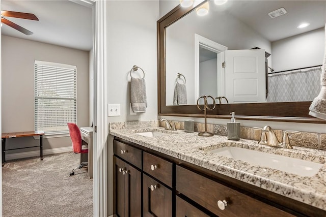 bathroom featuring ceiling fan, vanity, toilet, and a shower with shower curtain