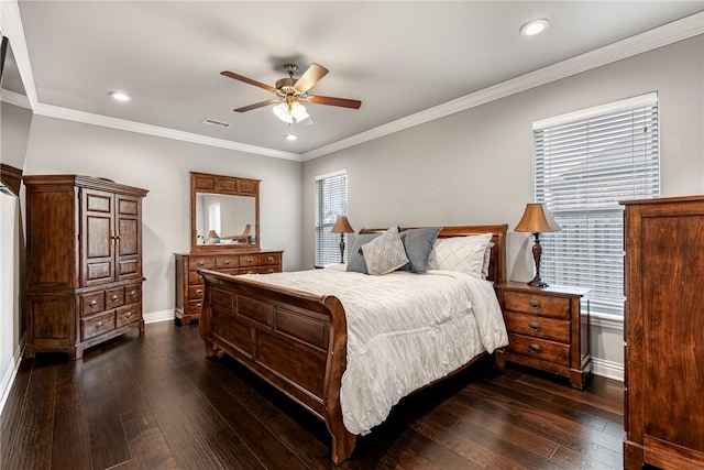 bedroom with ornamental molding, ceiling fan, and dark hardwood / wood-style flooring