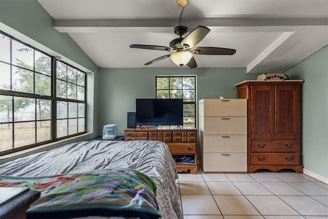 tiled bedroom featuring lofted ceiling with beams and ceiling fan