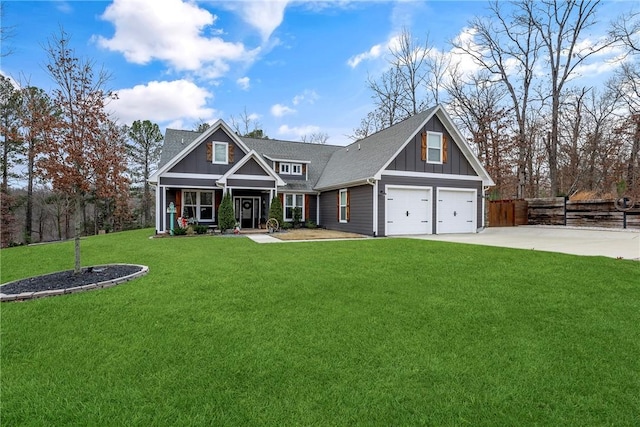 craftsman-style home with a garage, a porch, and a front yard