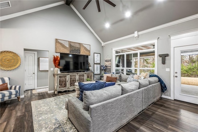 living room featuring crown molding, high vaulted ceiling, dark hardwood / wood-style floors, and ceiling fan