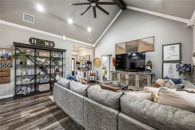 living room with dark wood-type flooring, ceiling fan, ornamental molding, and high vaulted ceiling