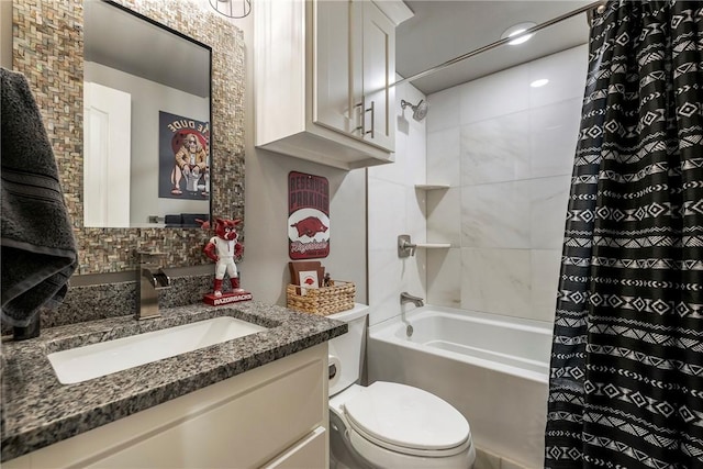 full bathroom with vanity, toilet, shower / bath combo with shower curtain, and backsplash