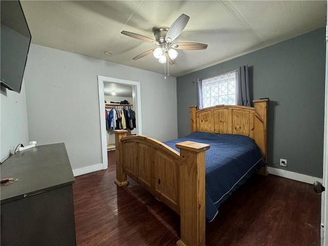 bedroom featuring a walk in closet, dark wood-type flooring, and ceiling fan