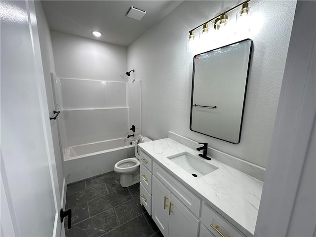 full bath featuring vanity, tile patterned flooring, toilet, washtub / shower combination, and recessed lighting