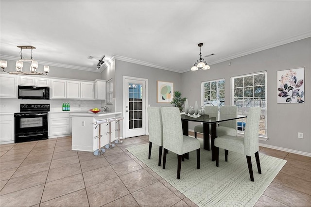 tiled dining area with a notable chandelier and crown molding