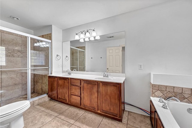 full bathroom with independent shower and bath, vanity, tile patterned floors, and toilet