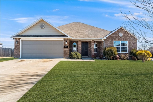 ranch-style home featuring a front yard, a garage, brick siding, and driveway